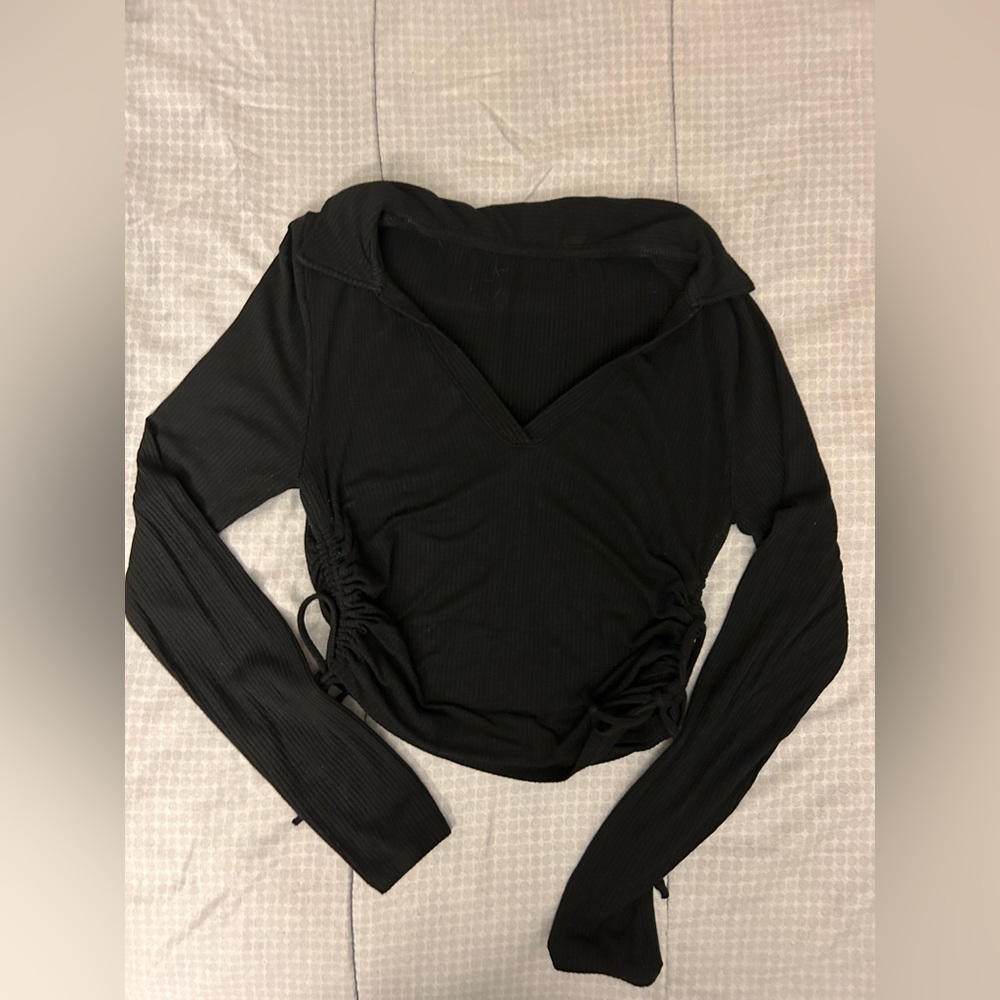 Long Sleeves Balletcore Drawstring Side Ribbed Knit Tee with collar